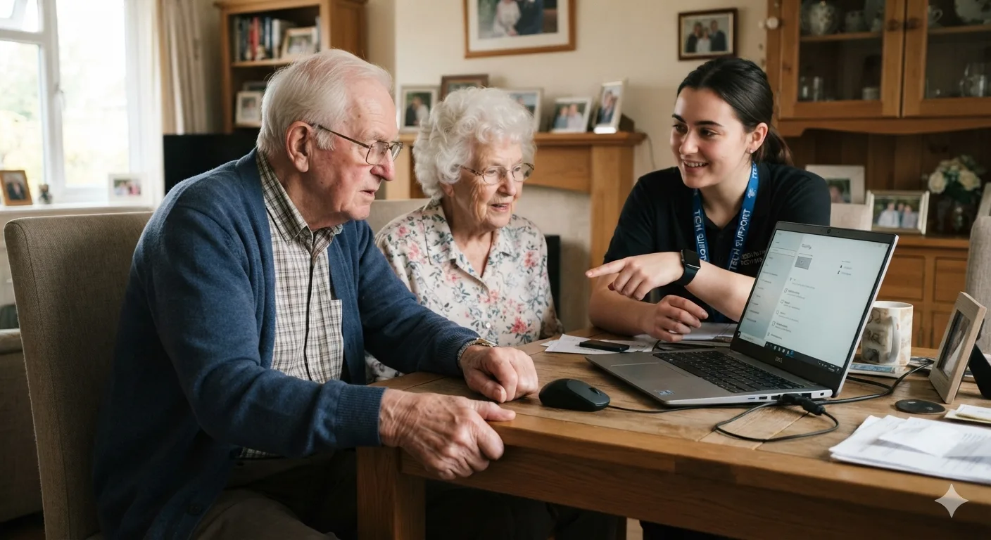 An older couple and a younger helper using a laptop together at home